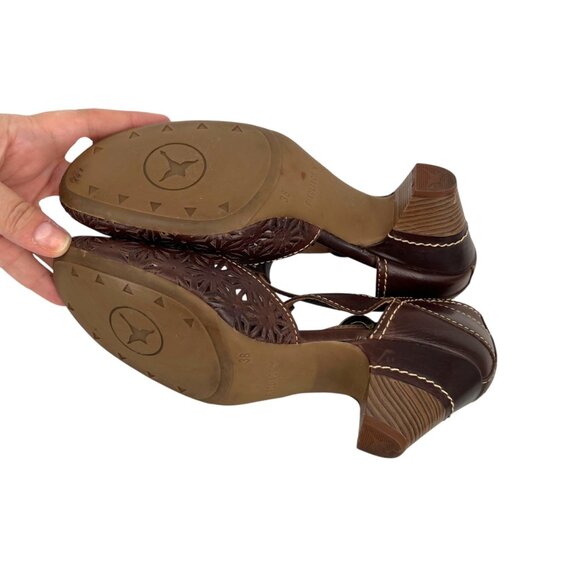 Pikolinos Floral Cutout T-Strap Heels Brown Leather Size 38 EU 7.5-8 US - Picture 12 of 13